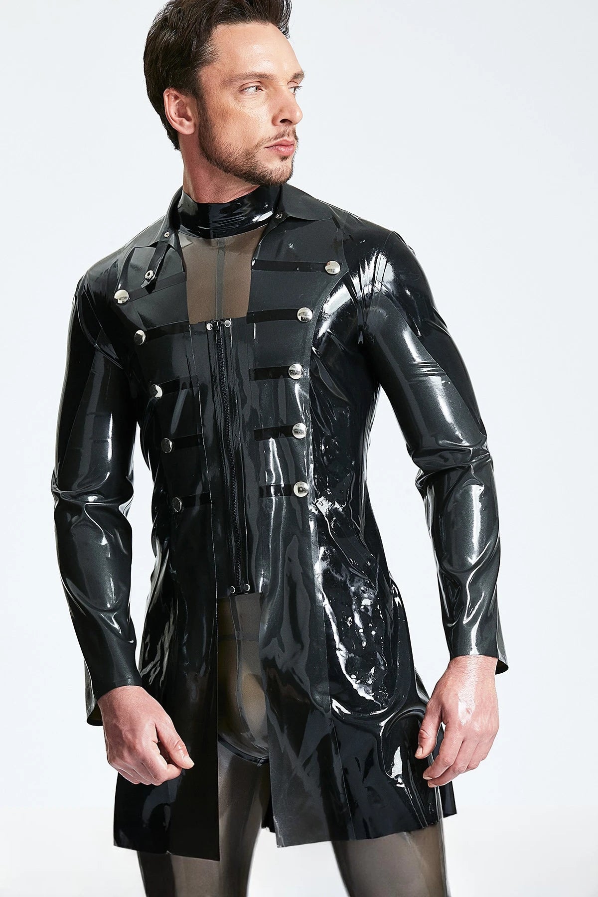 Metallic Black Male Latex Military Short Coat