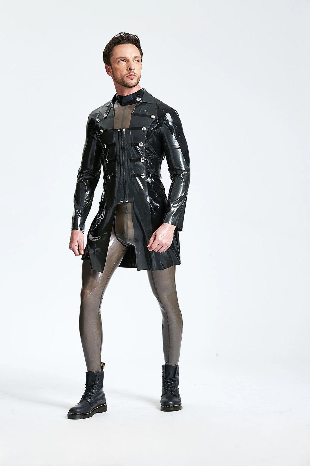 Metallic Black Male Latex Military Short Coat