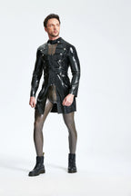 Metallic Black Male Latex Military Short Coat