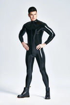 Metallic Blue & Black & Yellow Male 'Mr Muscles' Front-zip Latex Catsuit