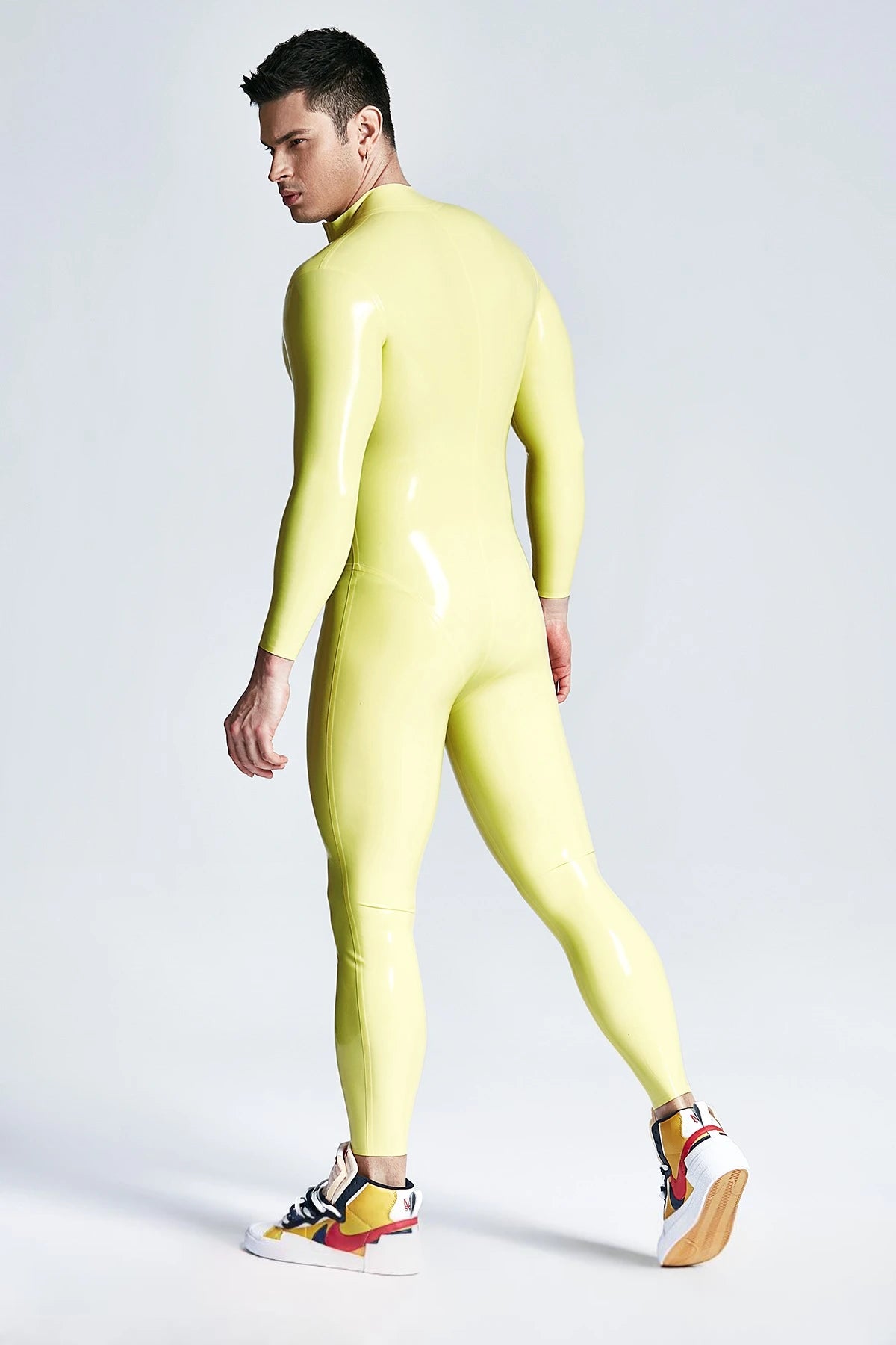 Metallic Blue & Black & Yellow Male 'Mr Muscles' Front-zip Latex Catsuit