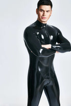 Metallic Blue & Black & Yellow Male 'Mr Muscles' Front-zip Latex Catsuit