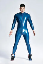 Metallic Blue & Black & Yellow Male 'Mr Muscles' Front-zip Latex Catsuit
