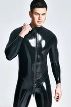 Metallic Blue & Black & Yellow Male 'Mr Muscles' Front-zip Latex Catsuit