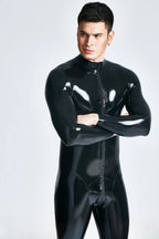Metallic Blue & Black & Yellow Male 'Mr Muscles' Front-zip Latex Catsuit