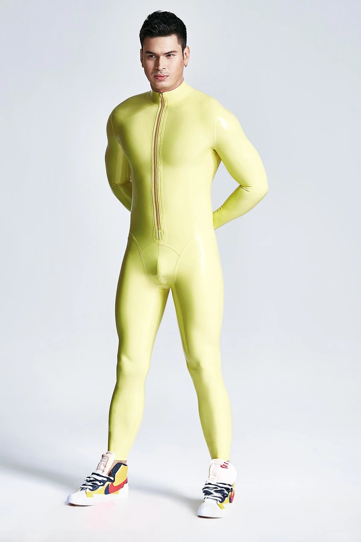 Metallic Blue & Black & Yellow Male 'Mr Muscles' Front-zip Latex Catsuit