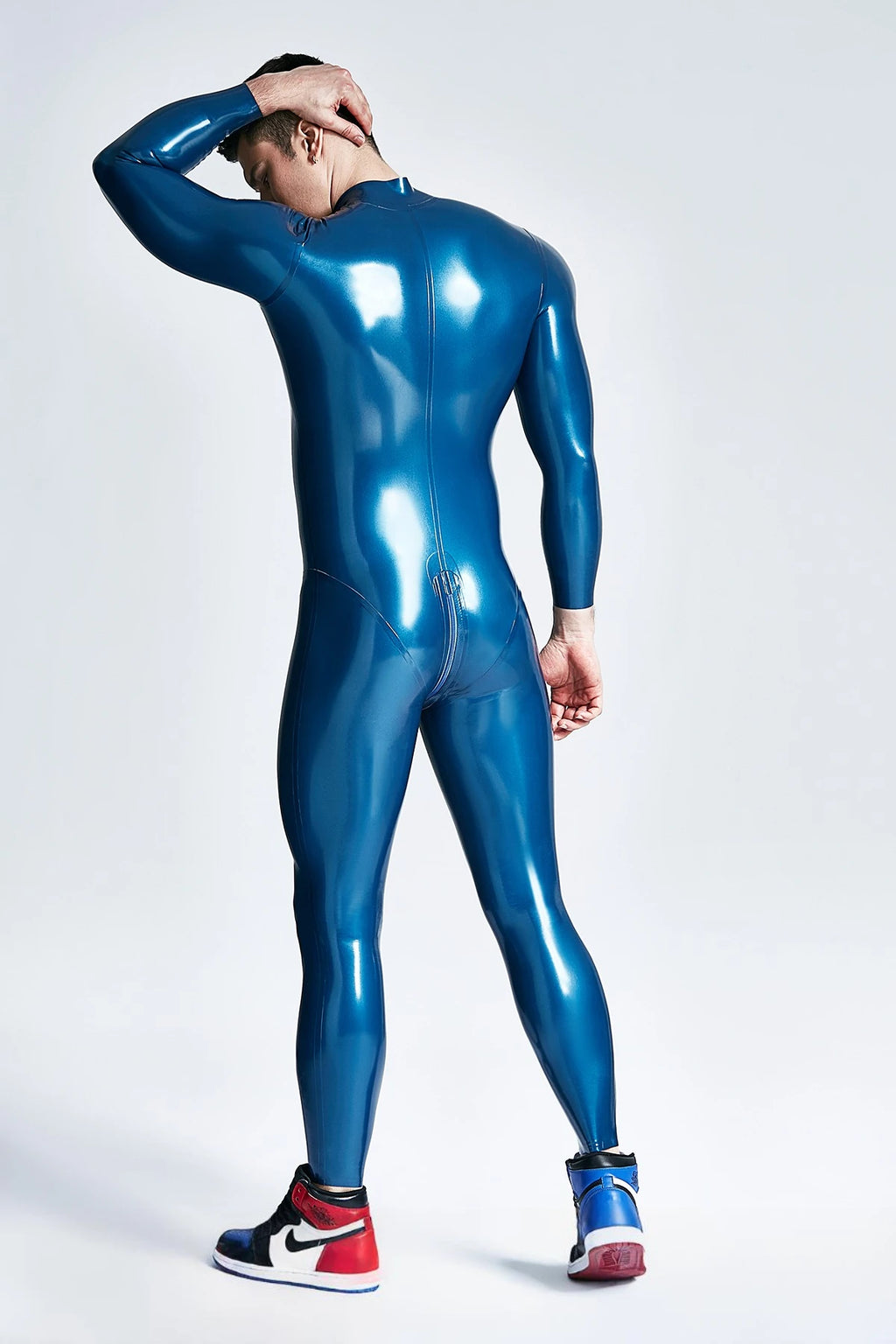 Metallic Blue & Black & Yellow Male 'Mr Muscles' Front-zip Latex Catsuit