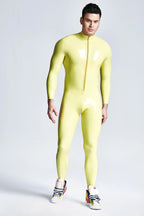 Metallic Blue & Black & Yellow Male 'Mr Muscles' Front-zip Latex Catsuit