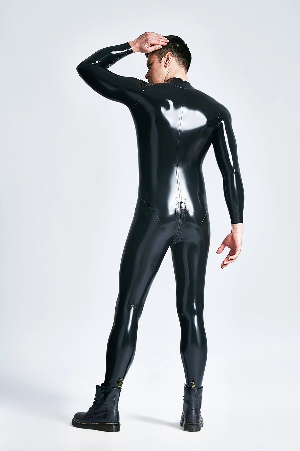 Metallic Blue & Black & Yellow Male 'Mr Muscles' Front-zip Latex Catsuit