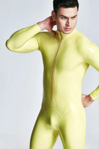 Metallic Blue & Black & Yellow Male 'Mr Muscles' Front-zip Latex Catsuit