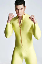 Metallic Blue & Black & Yellow Male 'Mr Muscles' Front-zip Latex Catsuit