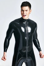 Metallic Blue & Black & Yellow Male 'Mr Muscles' Front-zip Latex Catsuit