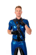 Metallic Blue Male Short Sleeves Military Police Latex Shirt