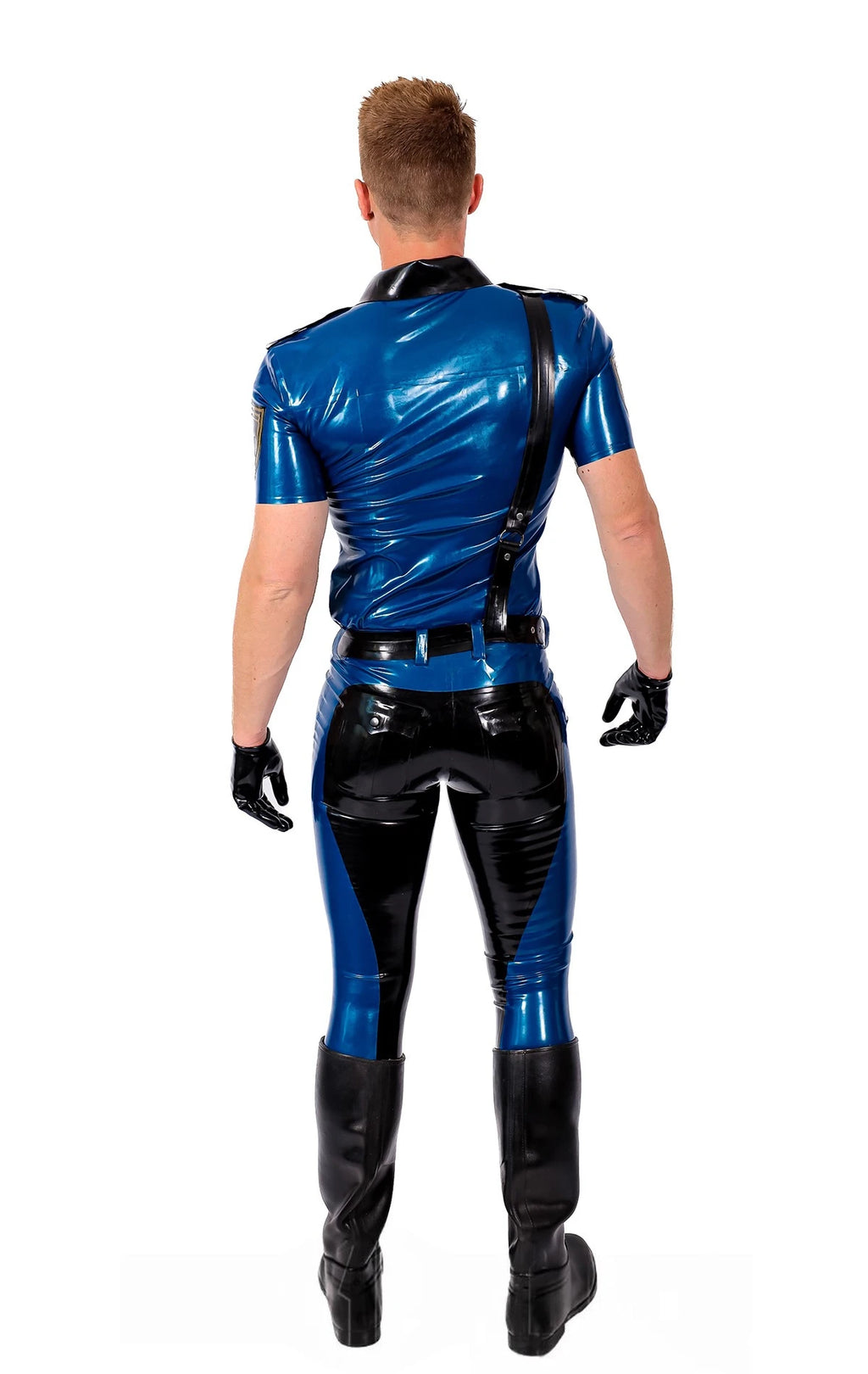 Metallic Blue Male Short Sleeves Military Police Latex Shirt