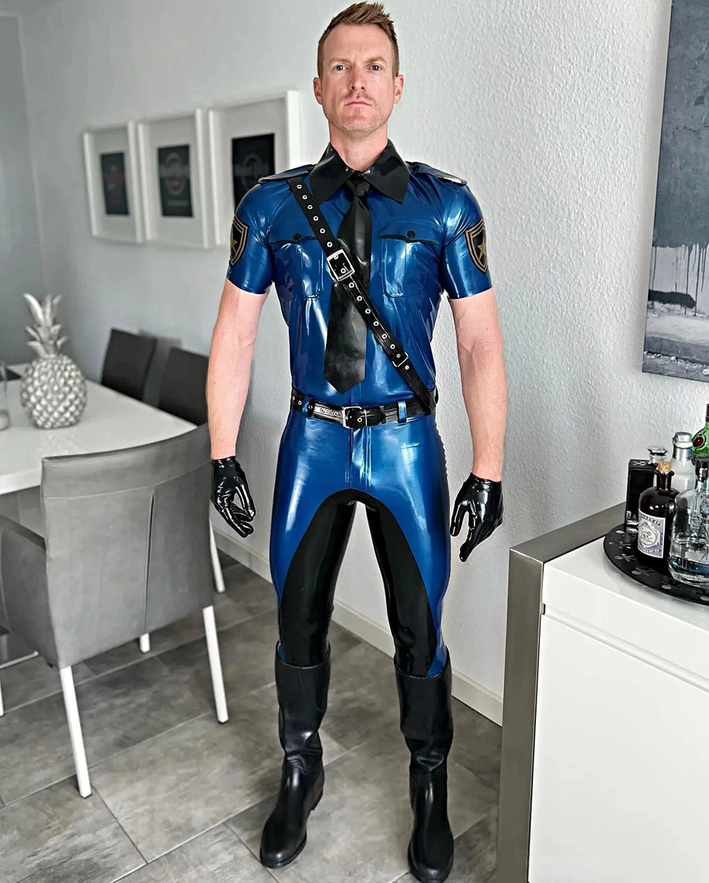 Metallic Blue Male Short Sleeves Military Police Latex Shirt