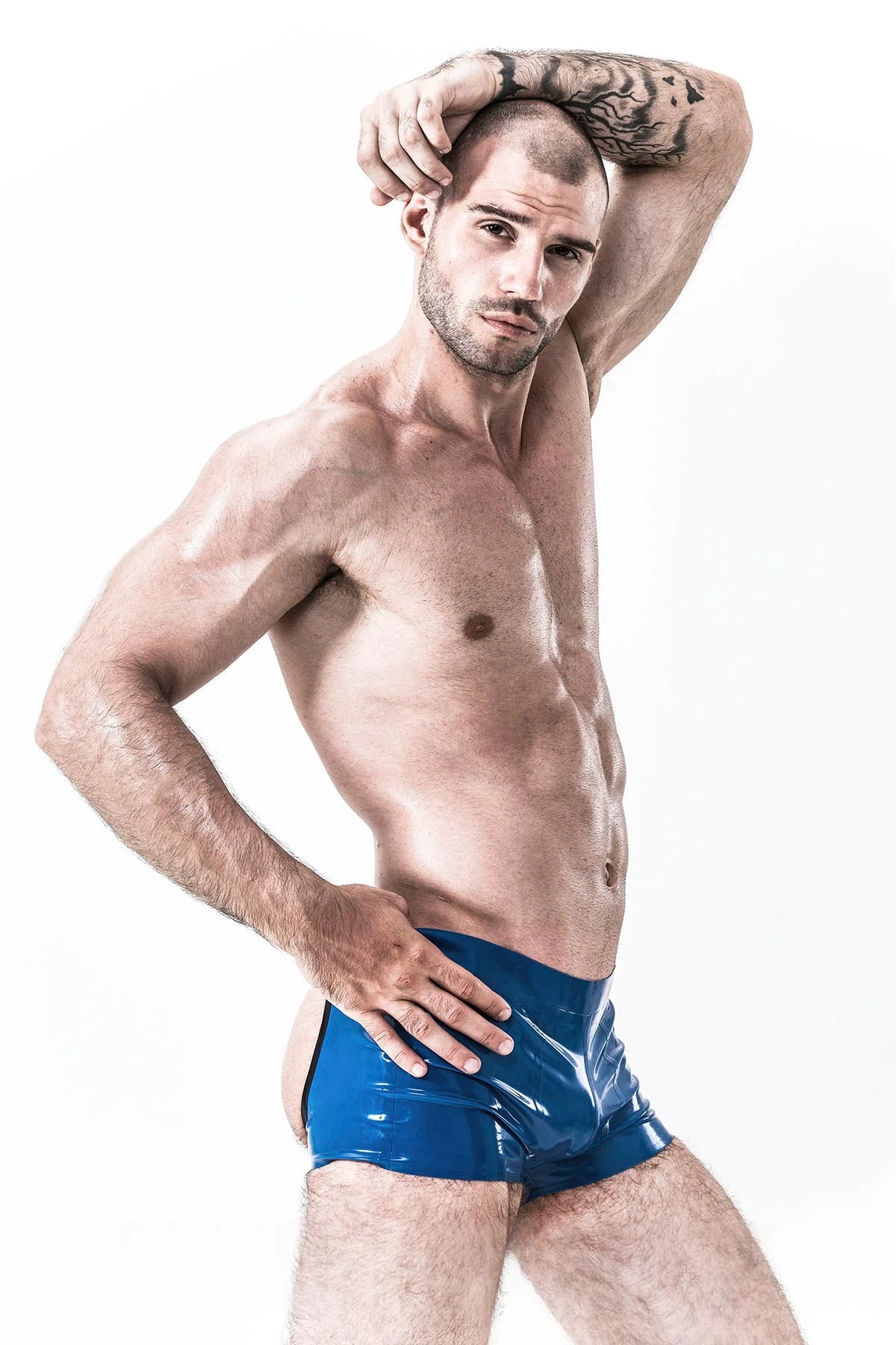 Metallic Blue Male 'Open-Bum' Latex Club Shorts