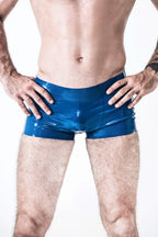 Metallic Blue Male 'Open-Bum' Latex Club Shorts