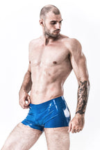 Metallic Blue Male 'Open-Bum' Latex Club Shorts