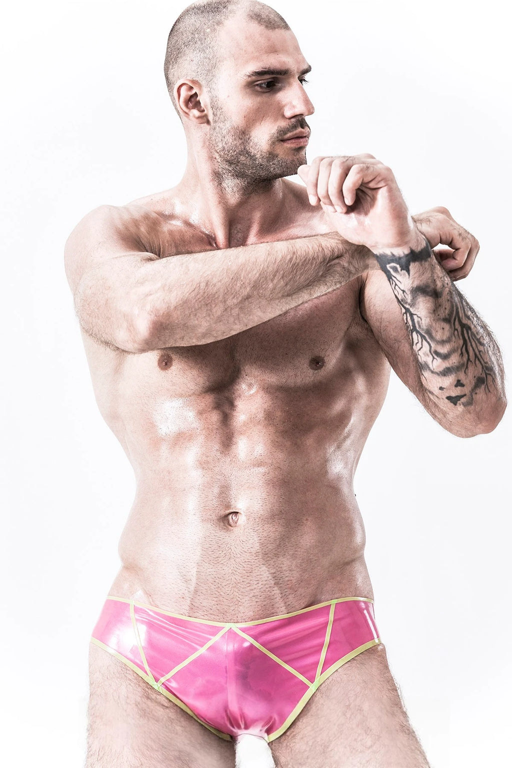 Metallic Fushcia Male 'Zig-Zag' Low-cut Latex Swimwear