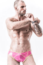 Metallic Fushcia Male 'Zig-Zag' Low-cut Latex Swimwear