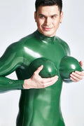 Metallic Green Male Inflated Boobs Latex Catsuit