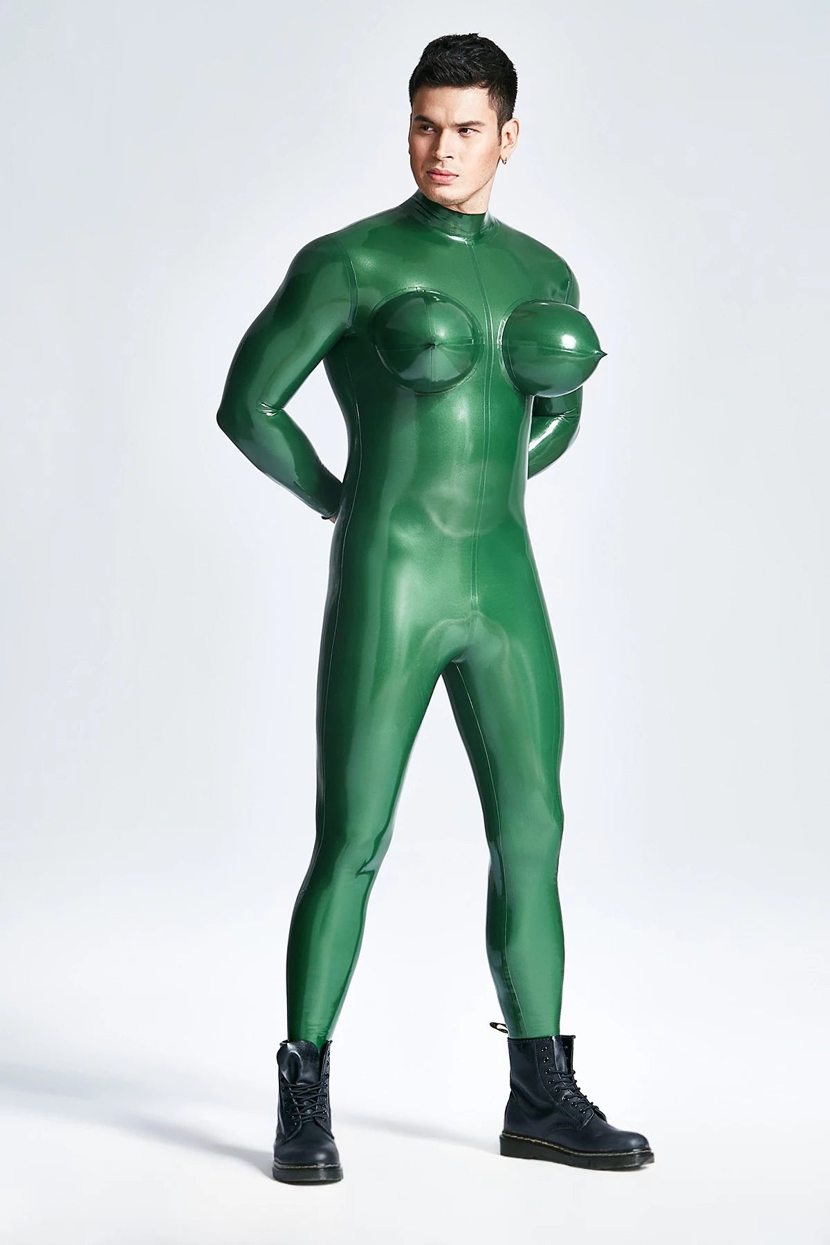 Metallic Green Male Inflated Boobs Latex Catsuit