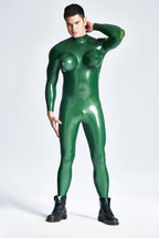 Metallic Green Male Inflated Boobs Latex Catsuit
