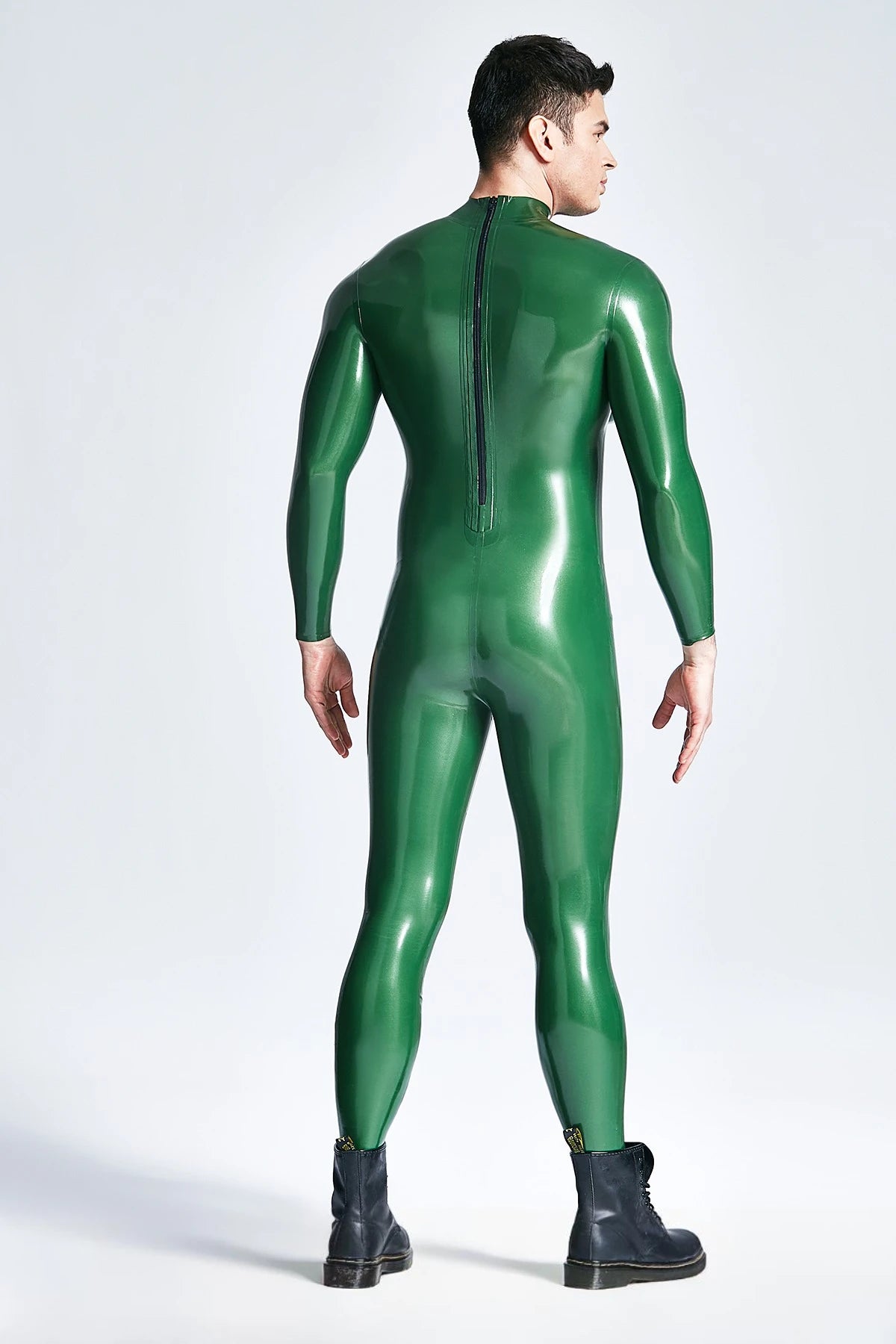 Metallic Green Male Inflated Boobs Latex Catsuit