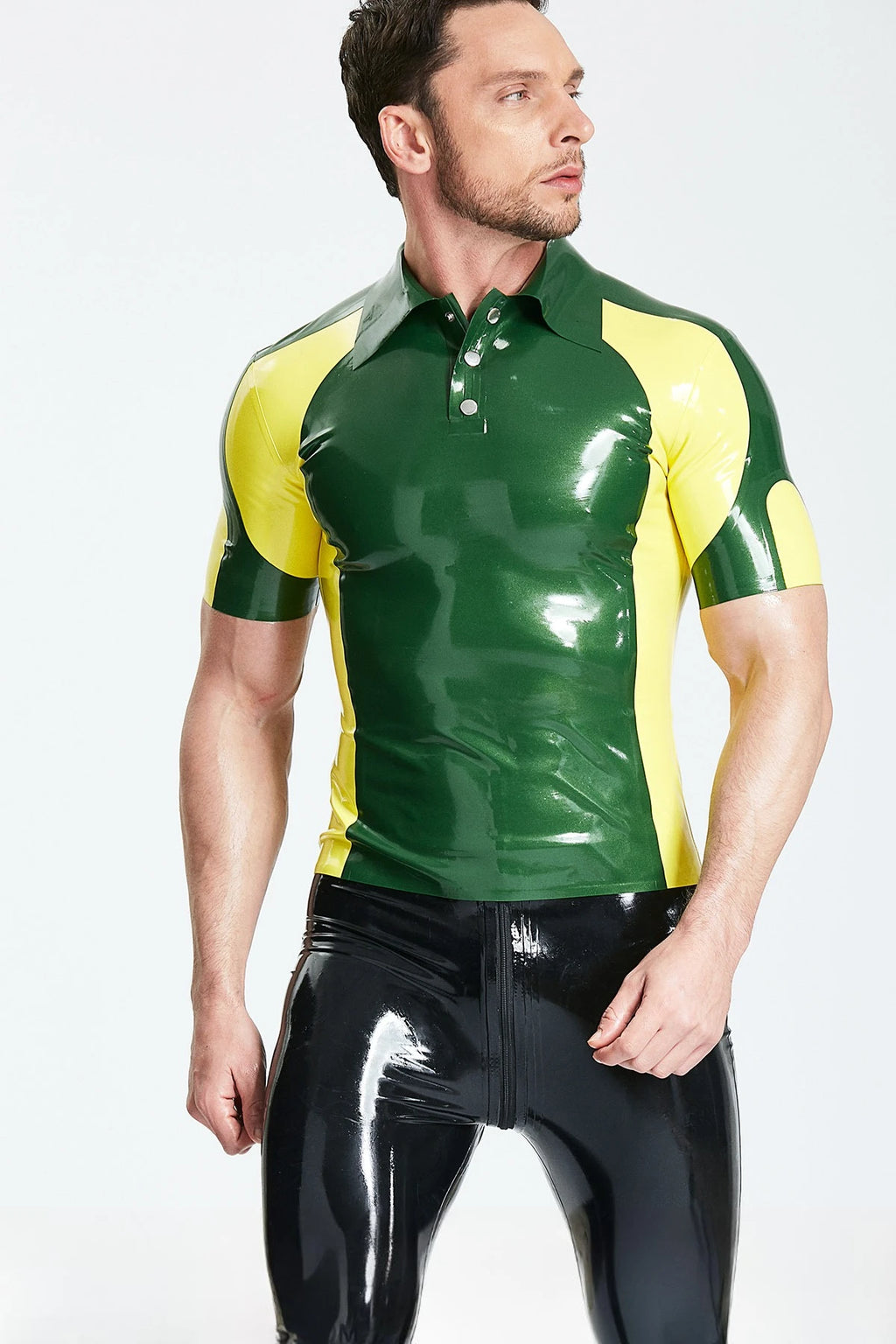 Metallic Green, trim color is Yellow Male Latex 'Golfer' Polo-Neck Shirt