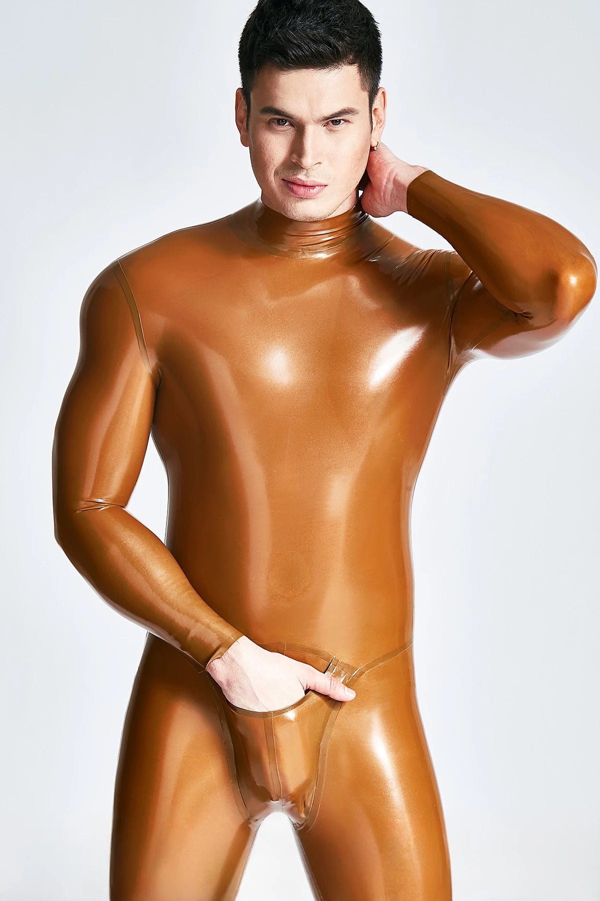 Metallic Honey Male Zipless Pouch-front Neck Entry Latex Catsuit