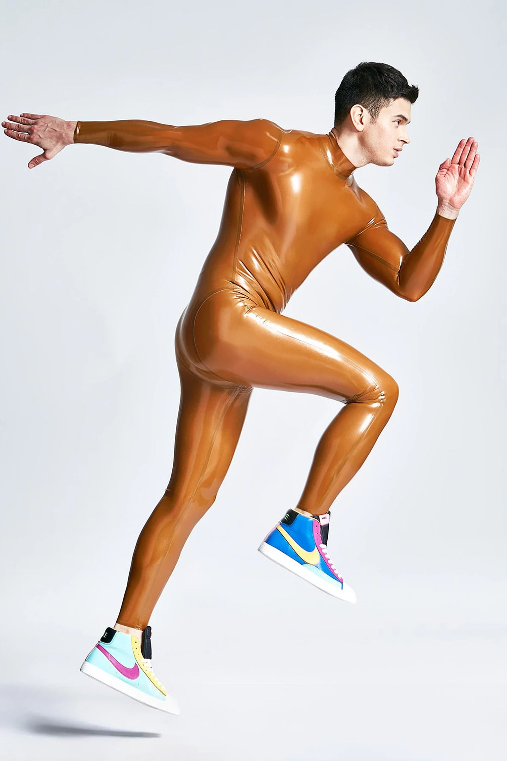 Metallic Honey Male Zipless Pouch-front Neck Entry Latex Catsuit