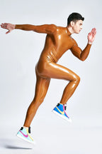 Metallic Honey Male Zipless Pouch-front Neck Entry Latex Catsuit