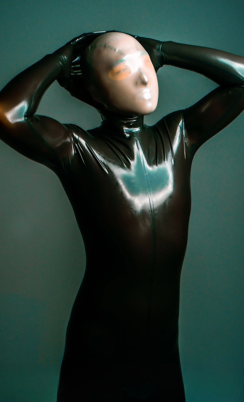 Metallic Pewter Male Face-Entry Latex Catsuit