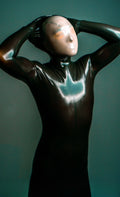 Metallic Pewter Male Face-Entry Latex Catsuit