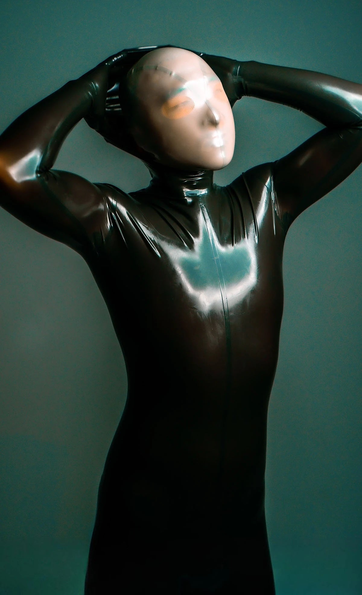 Metallic Pewter Male Face-Entry Latex Catsuit