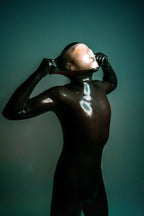 Metallic Pewter Male Face-Entry Latex Catsuit