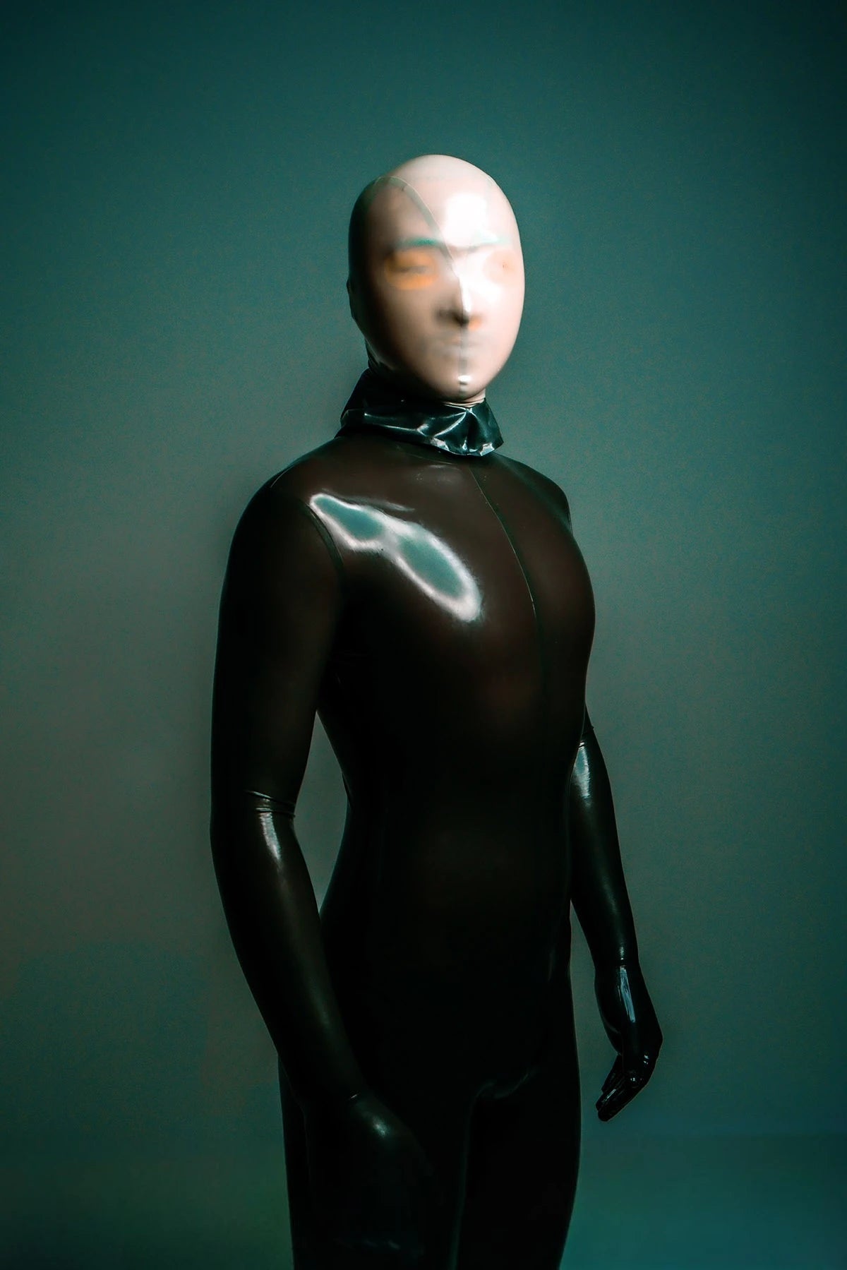 Metallic Pewter Male Face-Entry Latex Catsuit