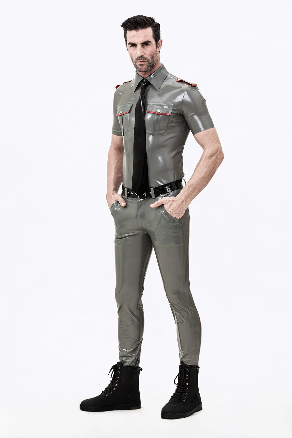 Metallic Pewter Male Standard Uniform Latex Jeans