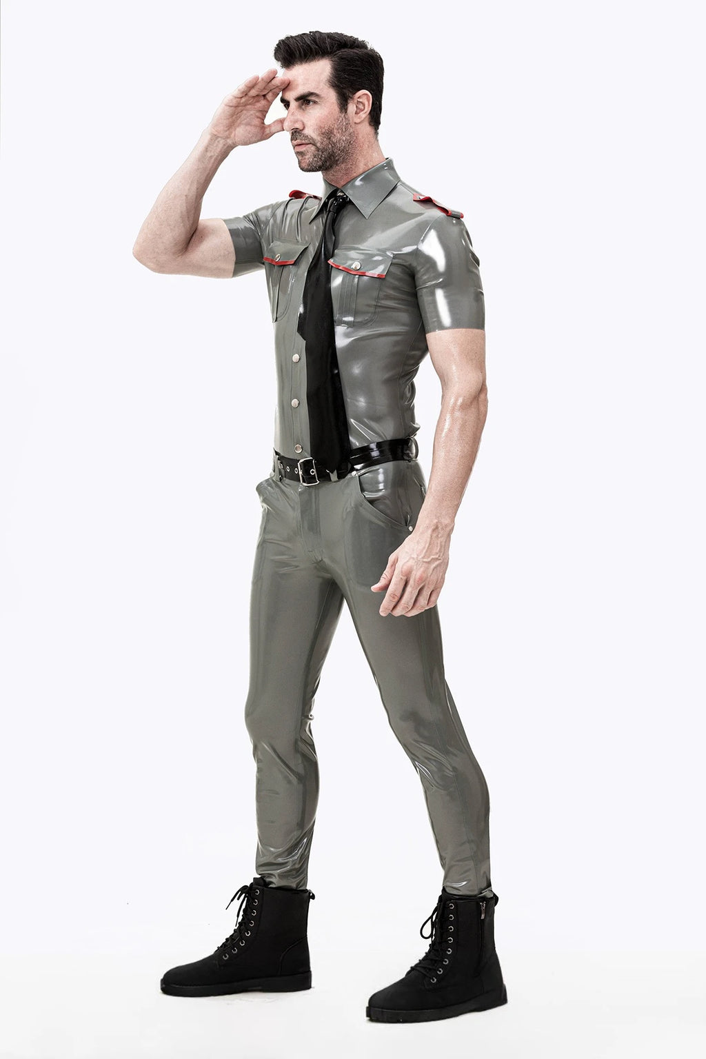 Metallic Pewter Male Standard Uniform Latex Jeans