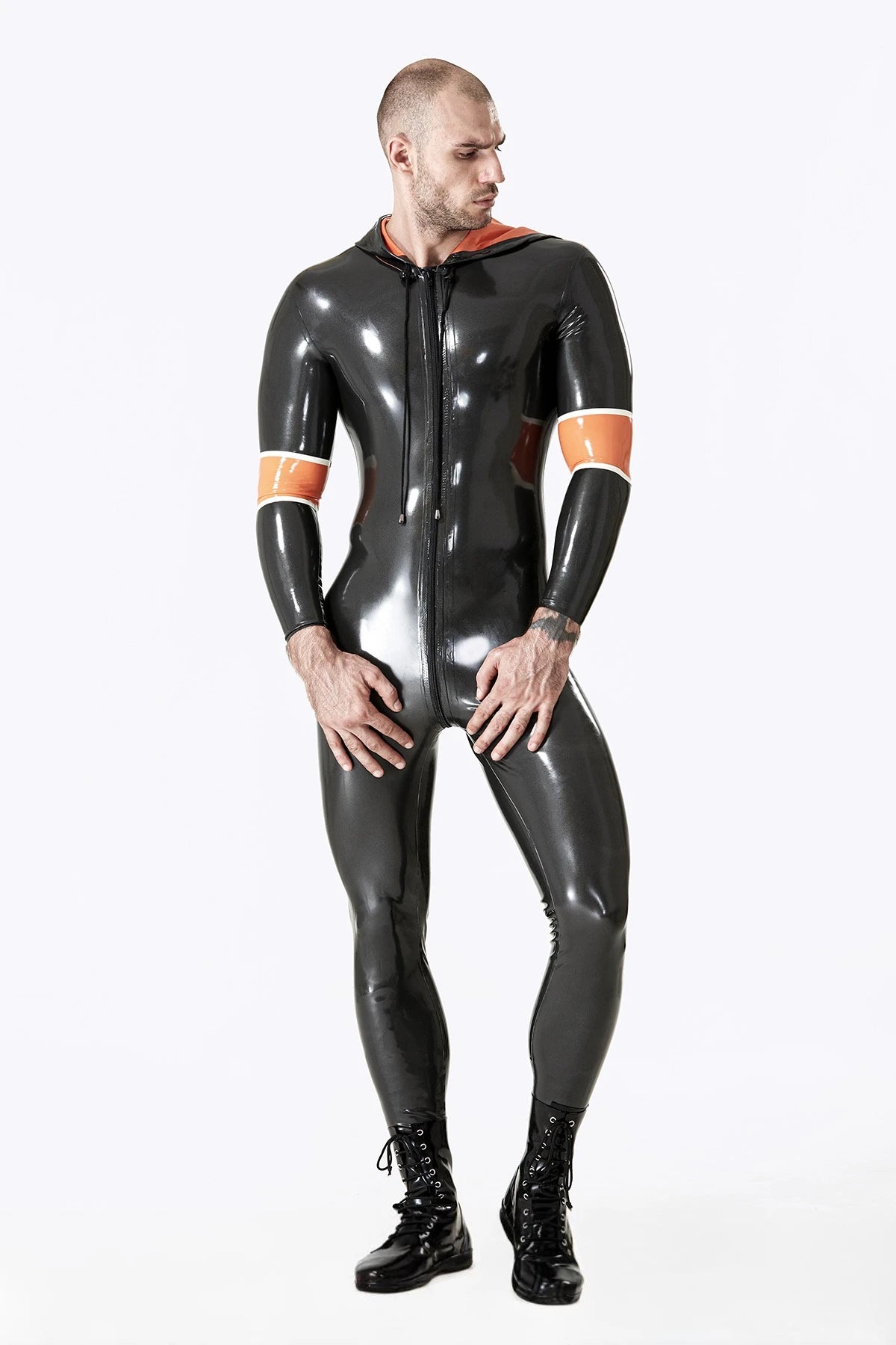 Metallic Pewter Male Hooded Latex Catsuit