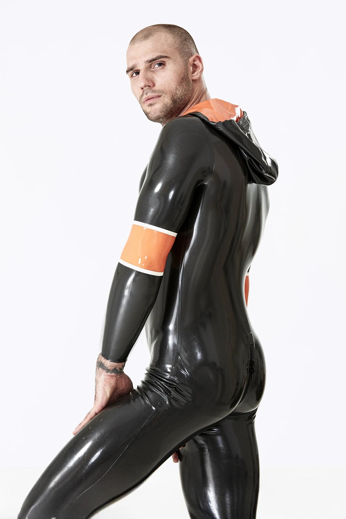 Metallic Pewter Male Hooded Latex Catsuit