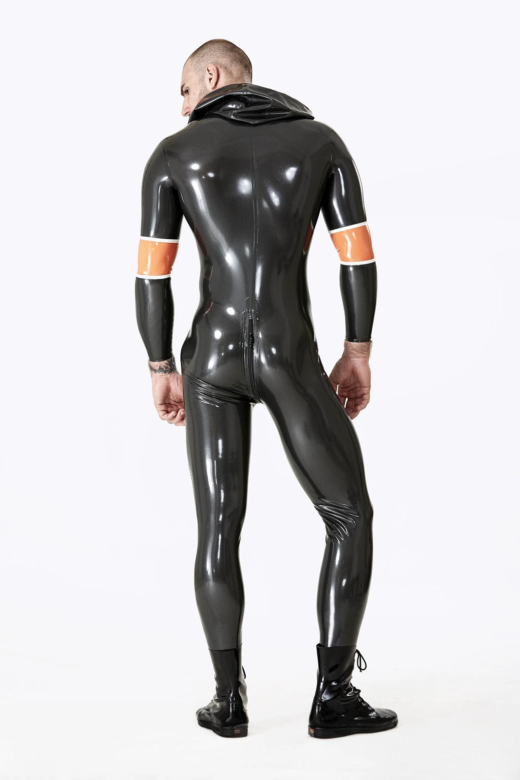 Metallic Pewter Male Hooded Latex Catsuit