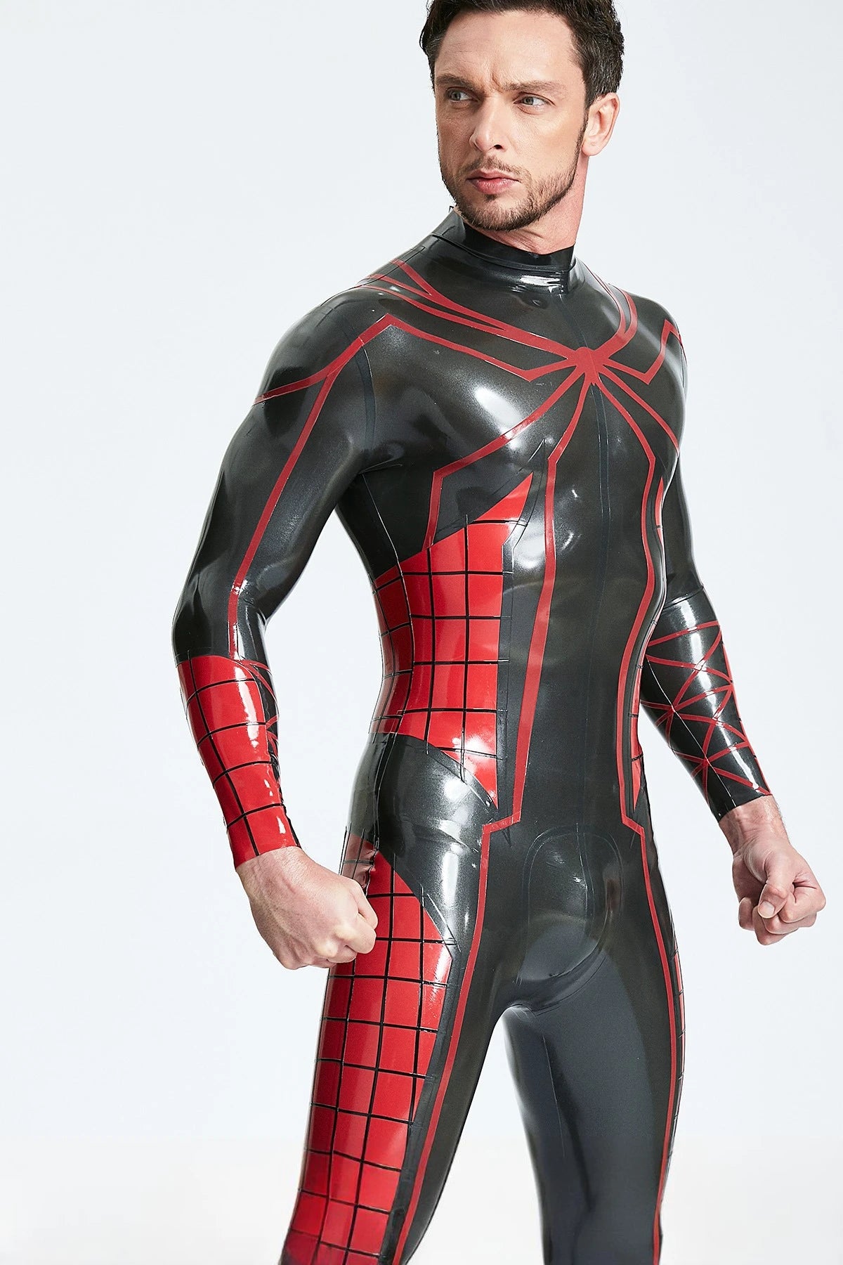 Metallic Pewter Male 'Tangled Web' Back Zip Latex Catsuit