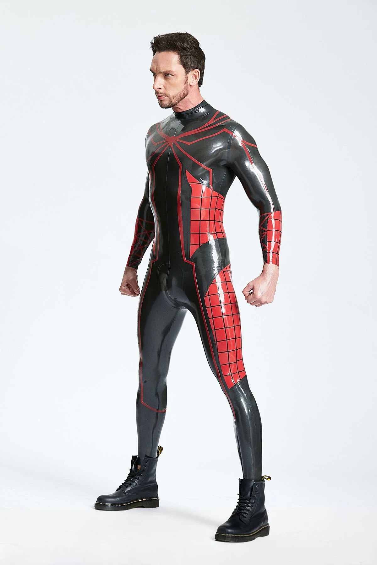 Metallic Pewter Male 'Tangled Web' Back Zip Latex Catsuit
