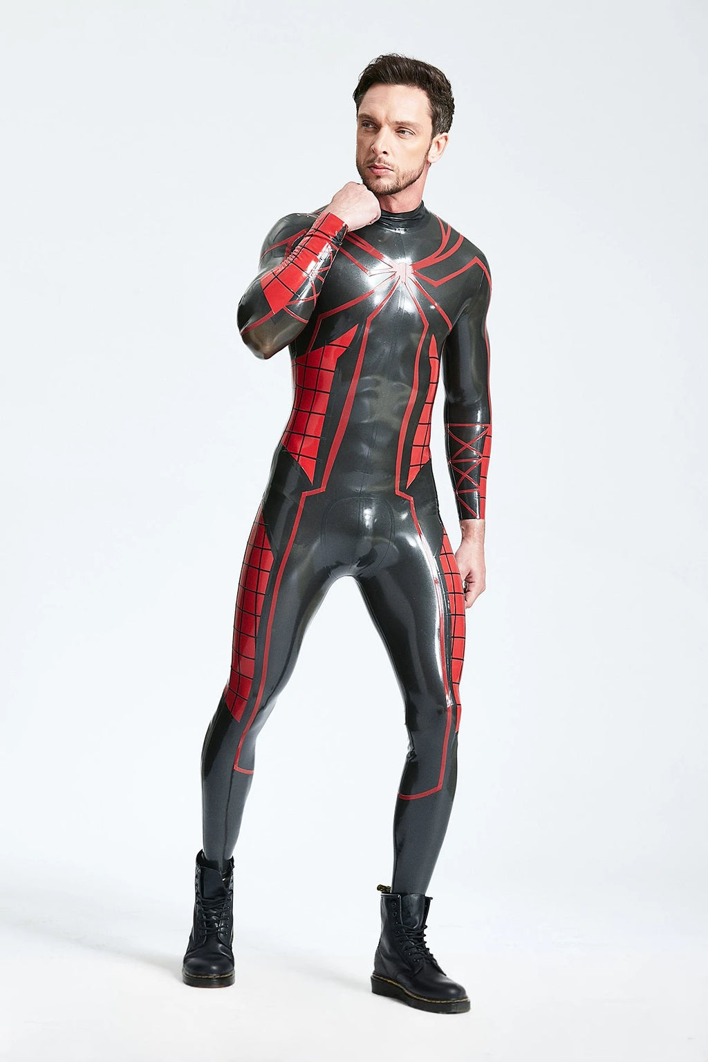 Metallic Pewter Male 'Tangled Web' Back Zip Latex Catsuit