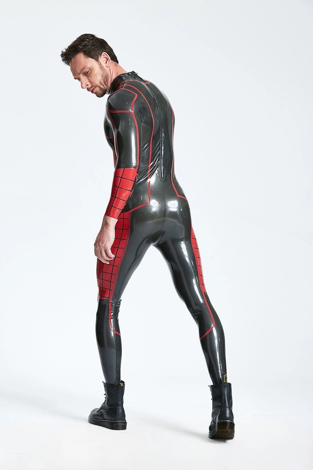 Metallic Pewter Male 'Tangled Web' Back Zip Latex Catsuit