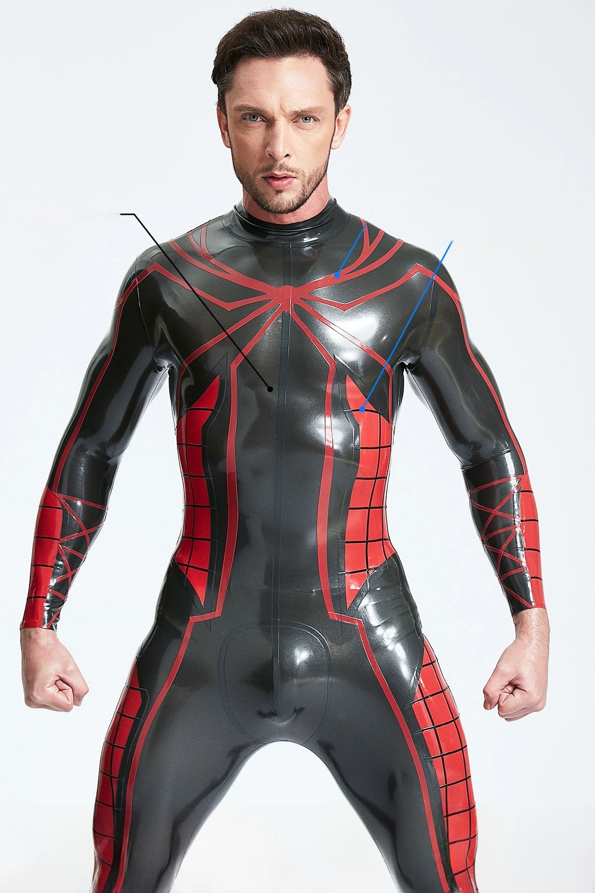 Metallic Pewter Male 'Tangled Web' Back Zip Latex Catsuit
