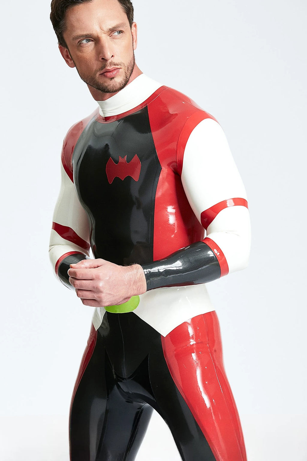 Metallic Pewter Male 'Cdr Batwing' Back Zip Latex Catsuit