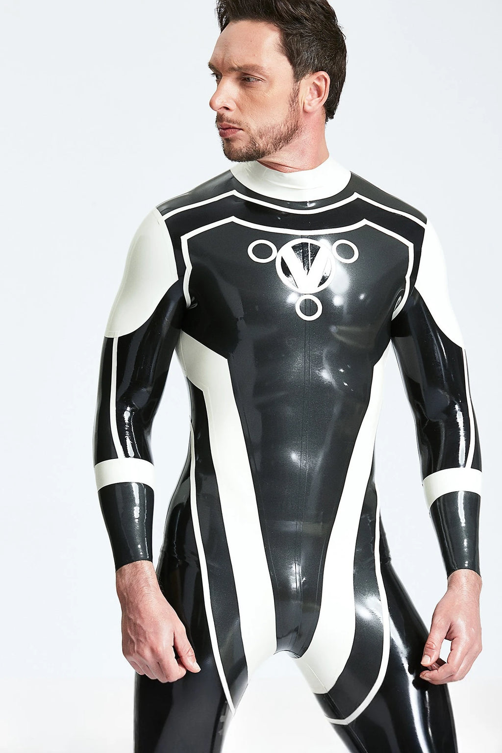 Metallic Pewter Male 'Trident' Back Zip Latex Catsuit