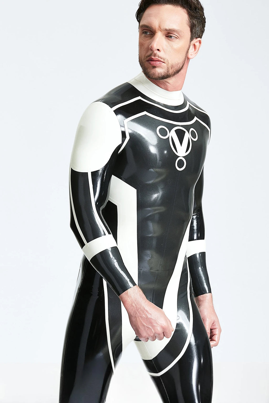Metallic Pewter Male 'Trident' Back Zip Latex Catsuit